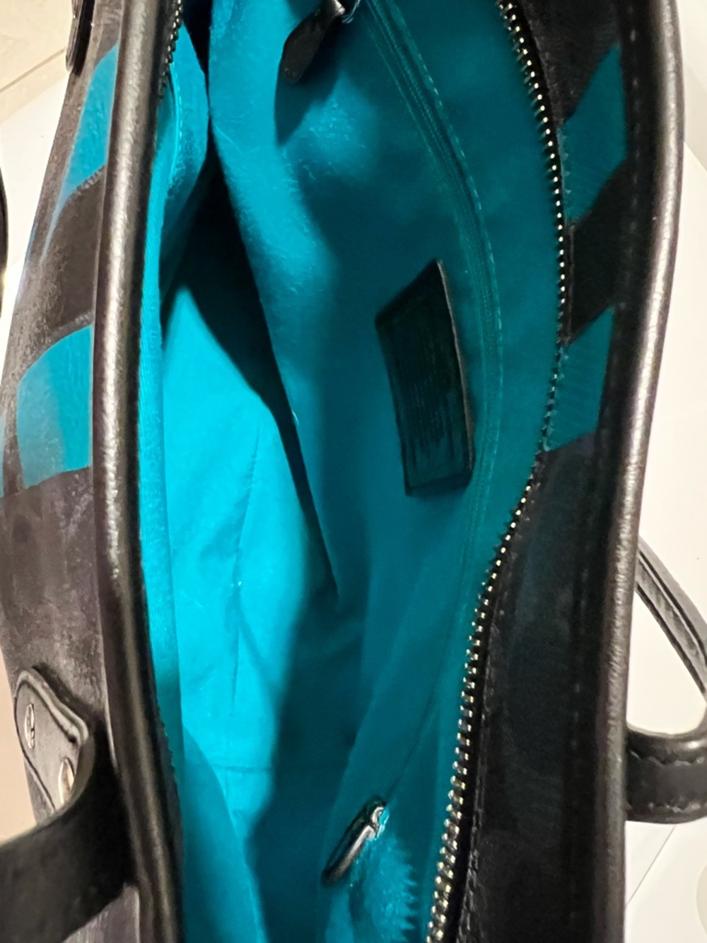 Coach Navy Signature Tote with Teal and Black Racing Stripes - Picture 12 of 15